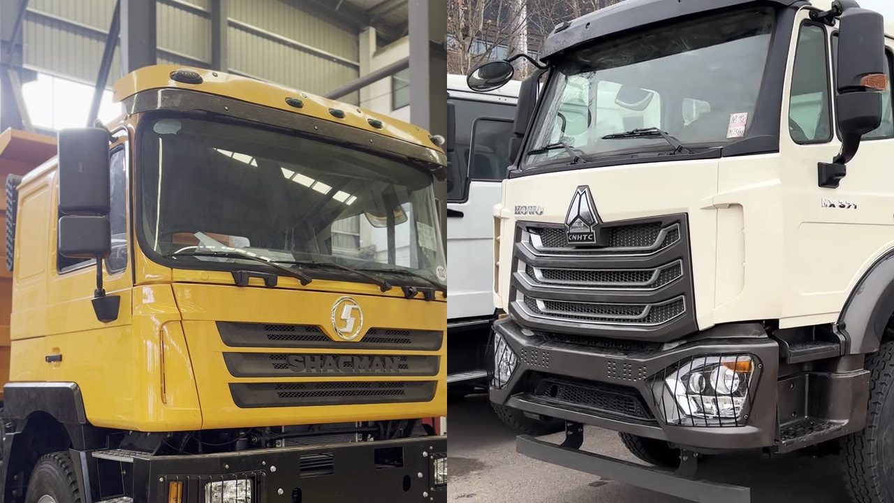Yellow SHACMAN F3000 dump truck next to a white HOWO NX dump truck